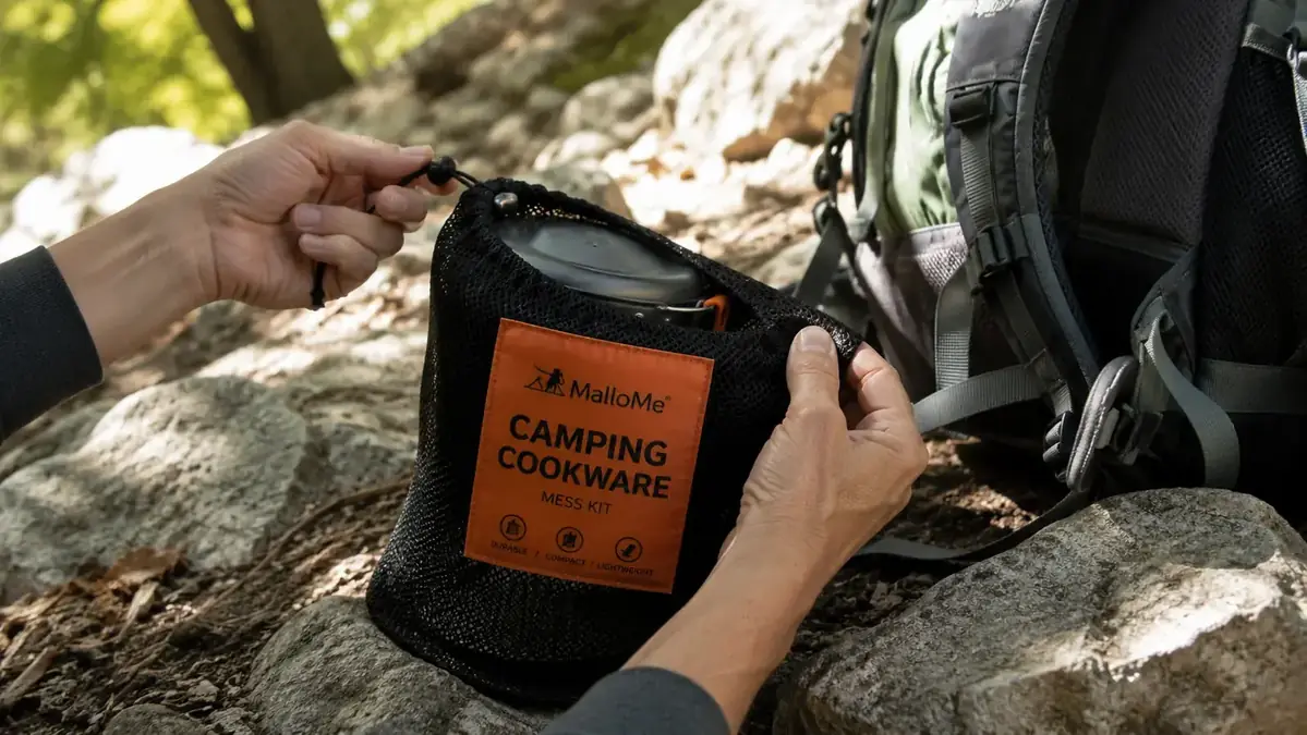 Hands unpacking a MalloMe camping cookware mess kit from its mesh carry bag beside a backpack on a rocky trailhead