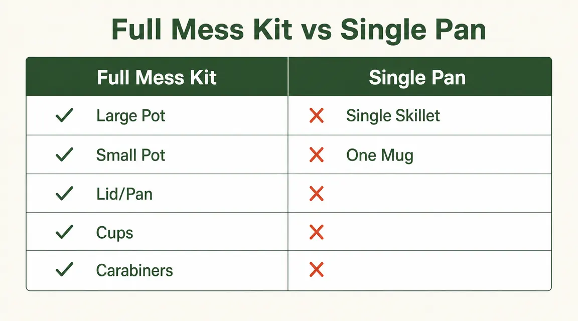 Side-by-side comparison chart showing pots, pans, and accessories in a full mess kit versus a single pan setup