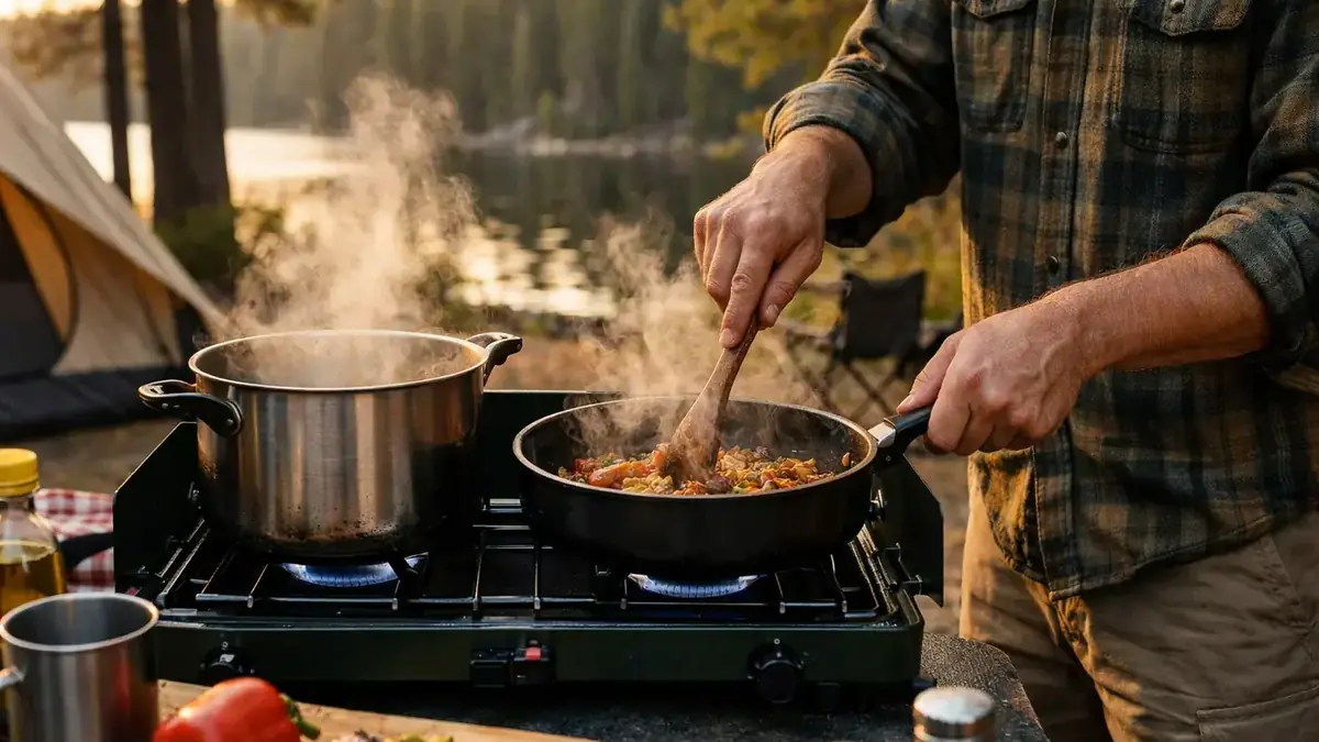 Camper stirring a pot of pasta over a camp stove while another pot heats water for coffee at a lakeside campsite