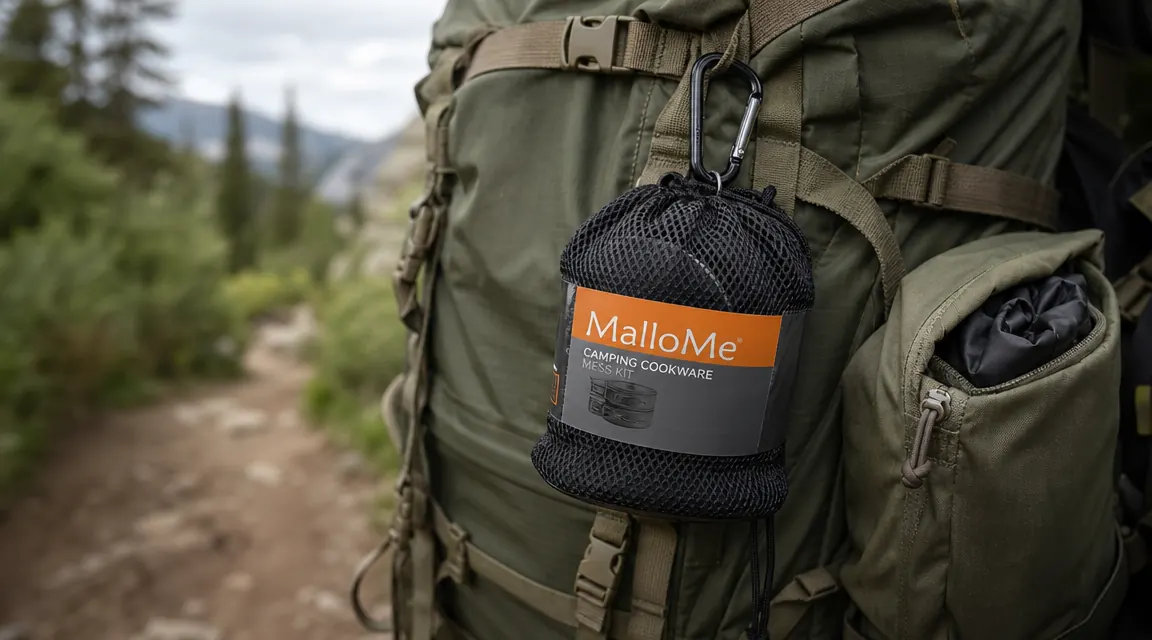 Compact camping cookware kit nested together and clipped with a carabiner next to a loaded backpack, showing the small pack size