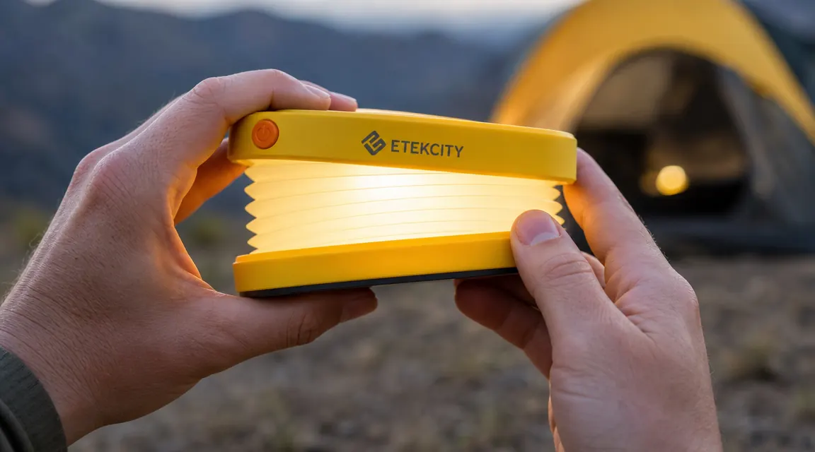 Hand pulling open the accordion-style Etekcity LED lantern from its collapsed flat position