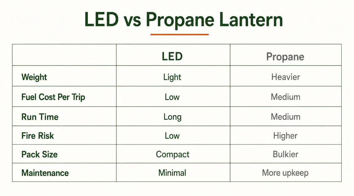 Side-by-side comparison chart of LED lantern versus propane lantern on key metrics