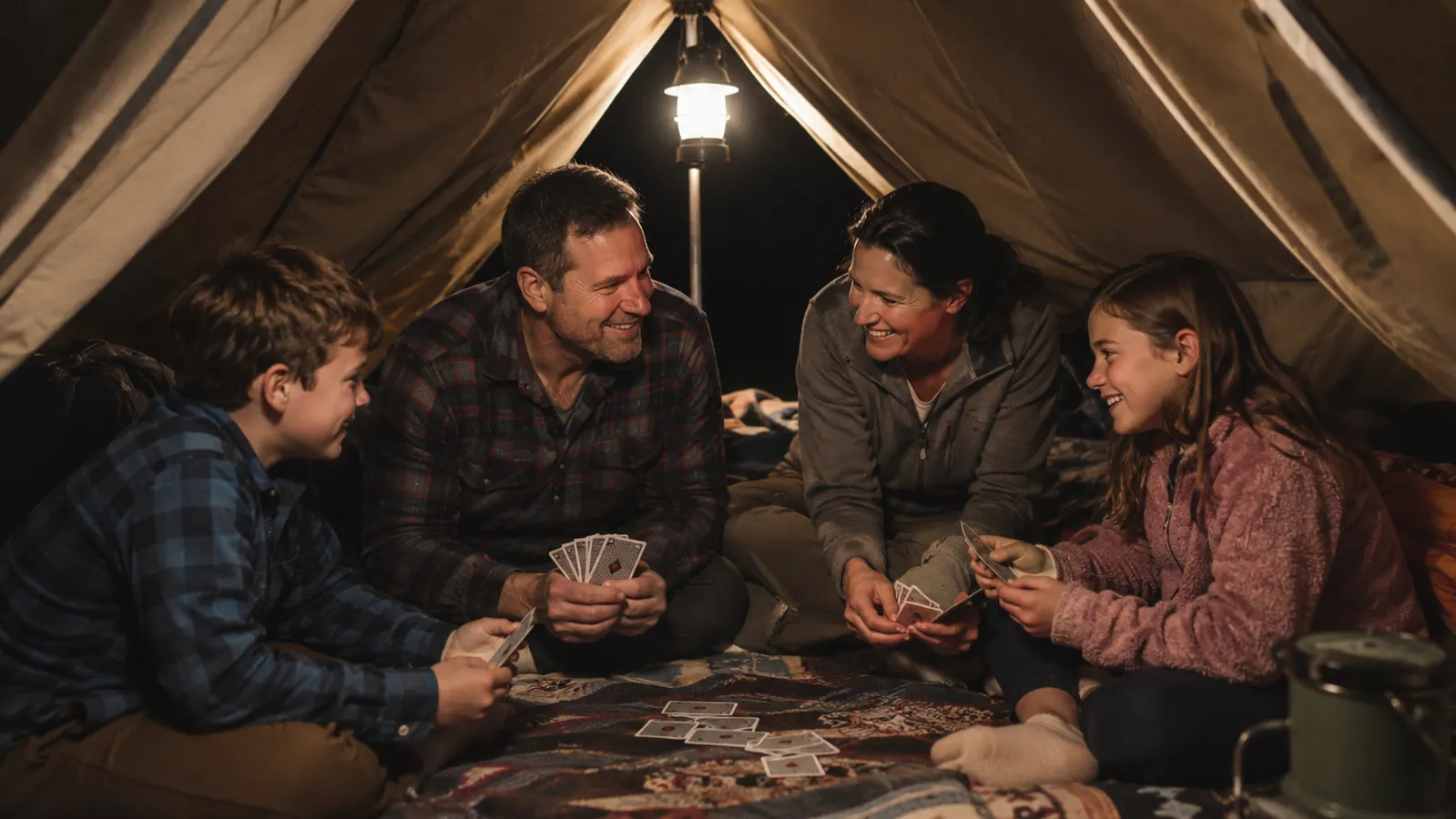 Family of four playing cards inside a tent lit by an LED lantern hanging from the tent ridge loop