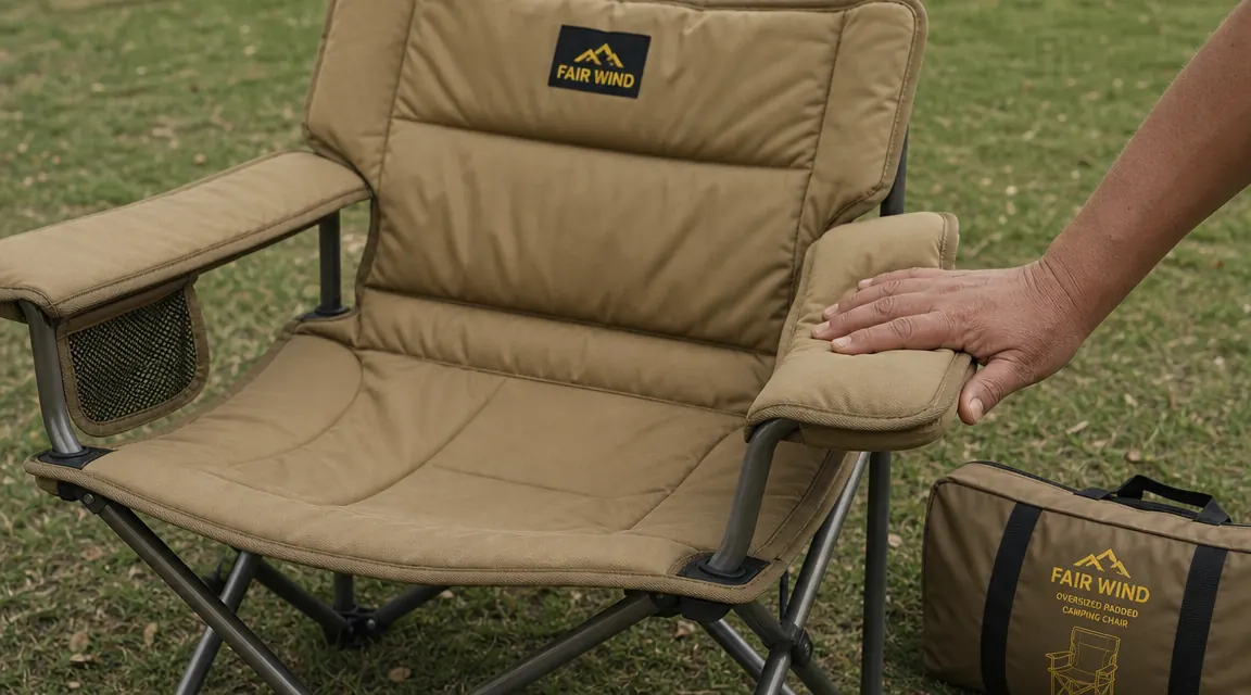 Close-up of a hand pressing into thick foam padding on a camping chair armrest, showing depth of cushioning