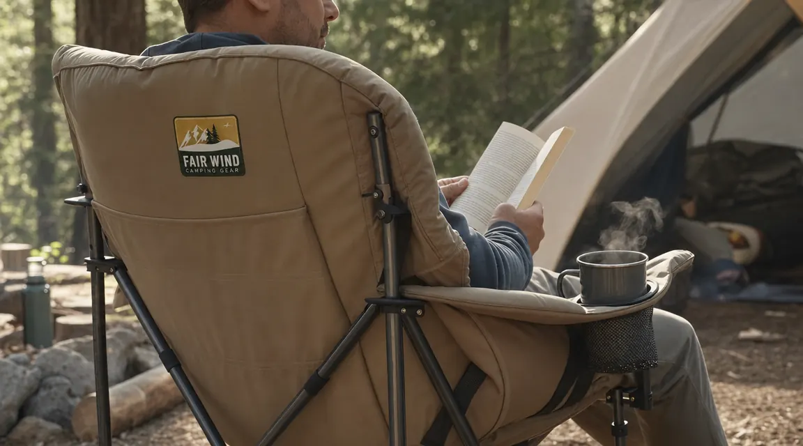 Person sitting in a padded camping chair reading a book, cup of coffee in built-in cup holder beside them