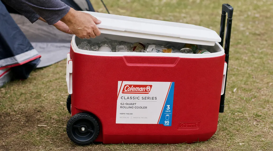 Hand opening the lid of the Coleman Classic rolling cooler to reveal ice and cold drinks inside