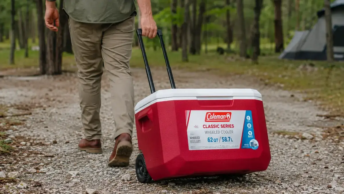 Rolling cooler being pulled along a gravel campsite path by a single handle