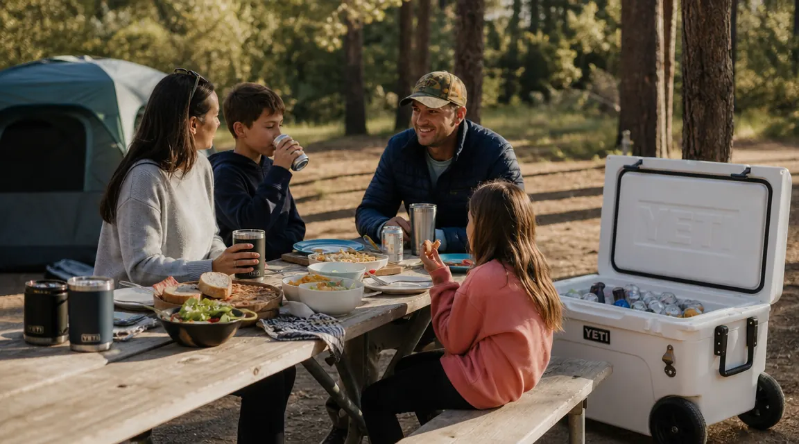 Campsite table spread with food and drinks, rolling cooler open nearby serving as a drinks station