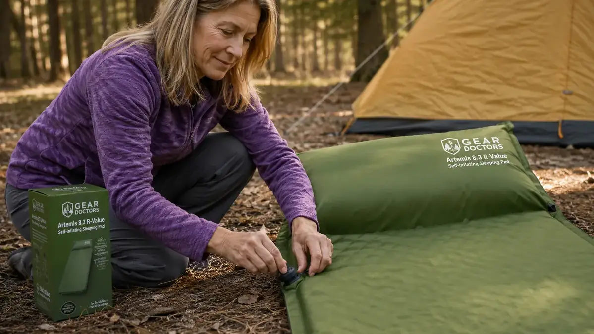 Camper pressing open the valve stem on a self-inflating sleeping pad while sitting cross-legged in a campsite