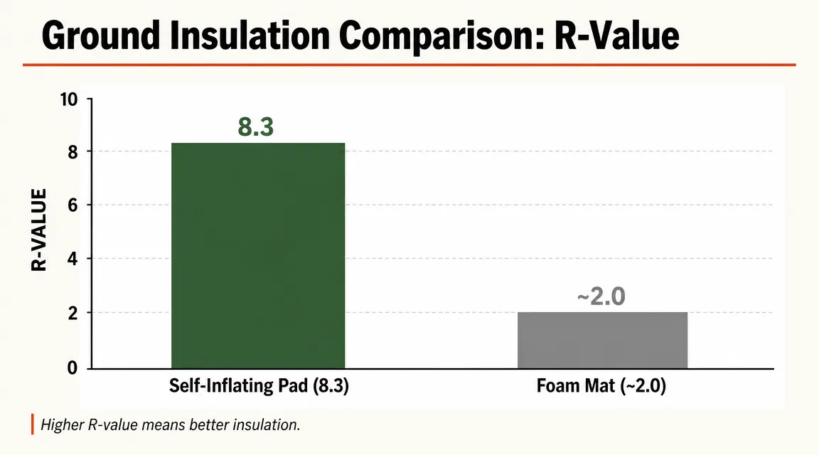 Side-by-side comparison chart showing R-value of 8.3 for insulated self-inflating pad versus 2.0 for standard foam mat