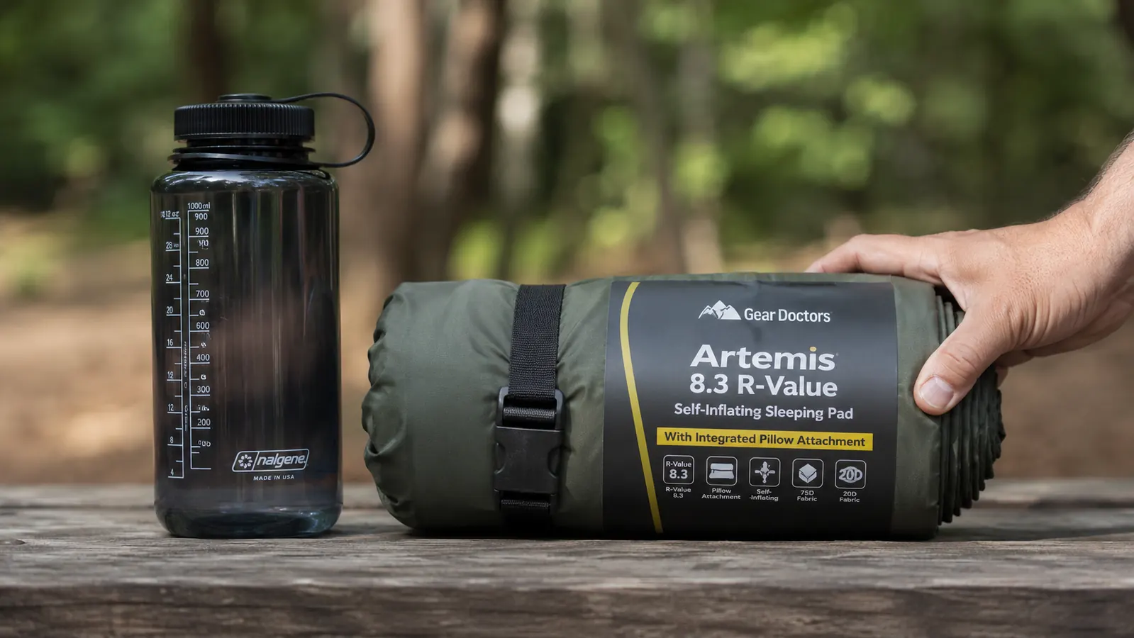Sleeping pad packed down into a compact cylinder alongside a water bottle to show size comparison