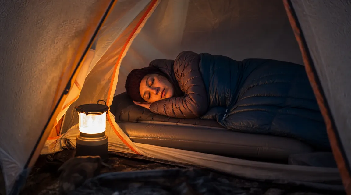 Camper sleeping comfortably on an inflated pad inside a tent at night, sleeping bag draped over