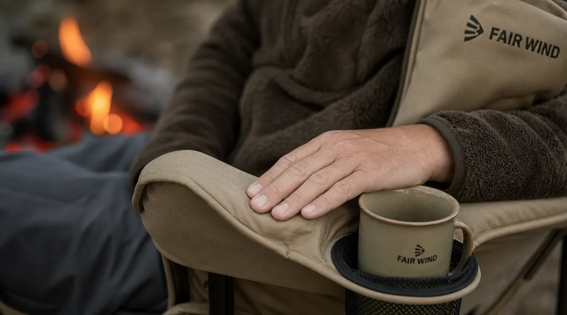 Close-up of a padded camping chair armrest with a cup holder holding a camp mug