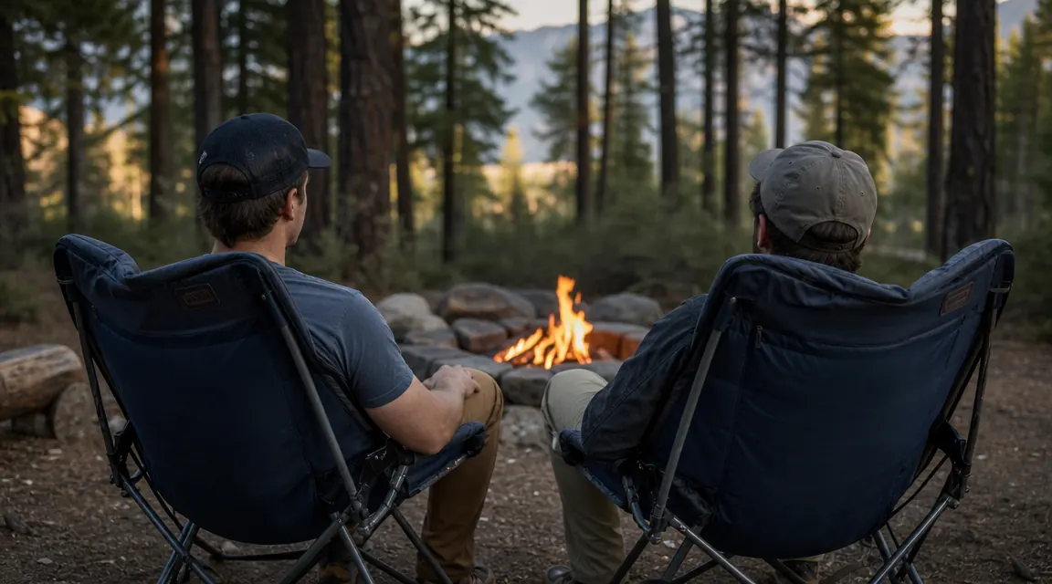 Two padded camping chairs set up side by side at a campsite facing a fire ring