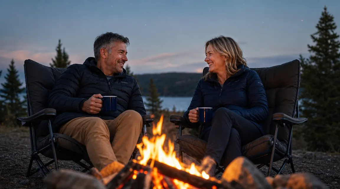Woman and man sitting in matching padded camping chairs, talking and laughing around a campfire