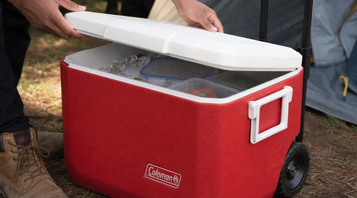 Hand opening the Coleman Classic cooler lid at a campsite, showing ice and food containers inside