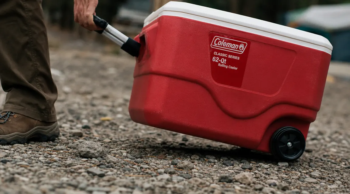 Close-up of the Coleman cooler wheels on rough gravel terrain showing wheel size relative to a boot