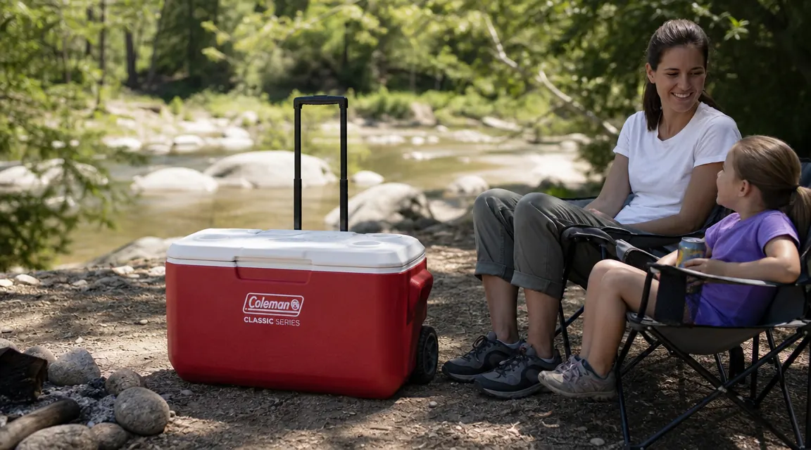 Coleman Classic cooler and camping chairs set up at a shaded riverside campsite, relaxed family camping scene