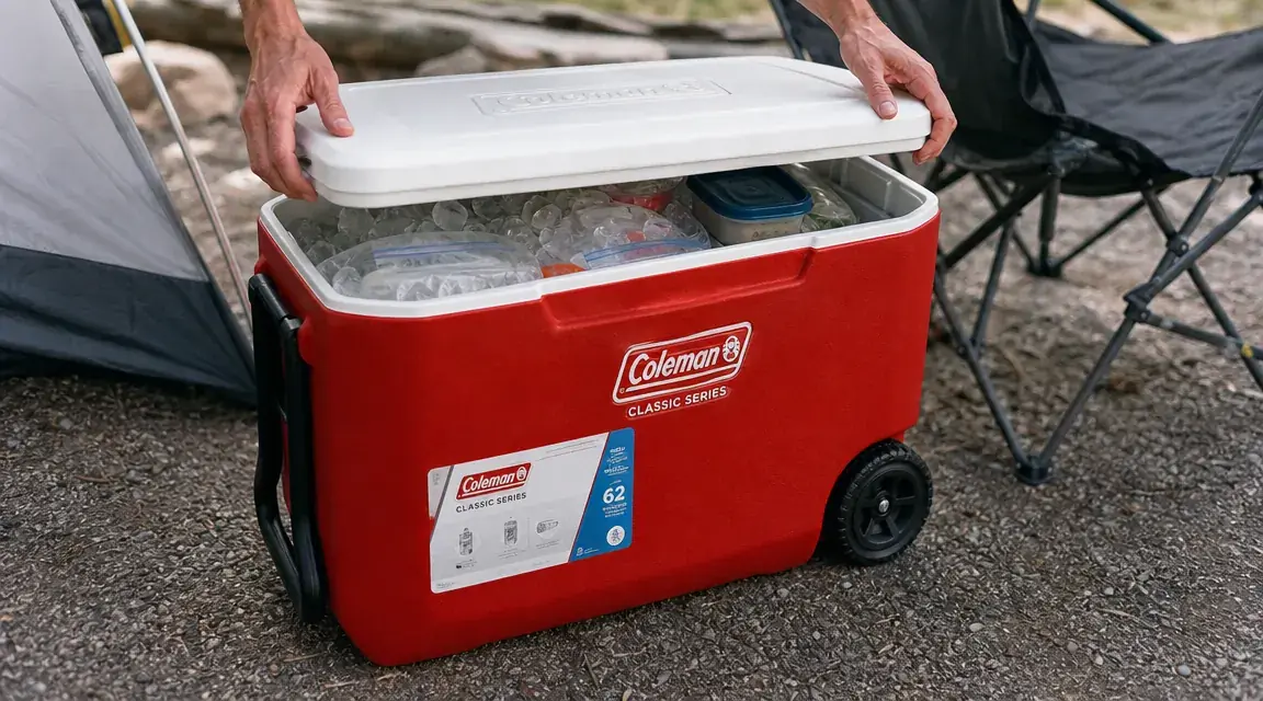 Hands opening the Coleman Classic cooler lid to reveal ice and food containers packed inside