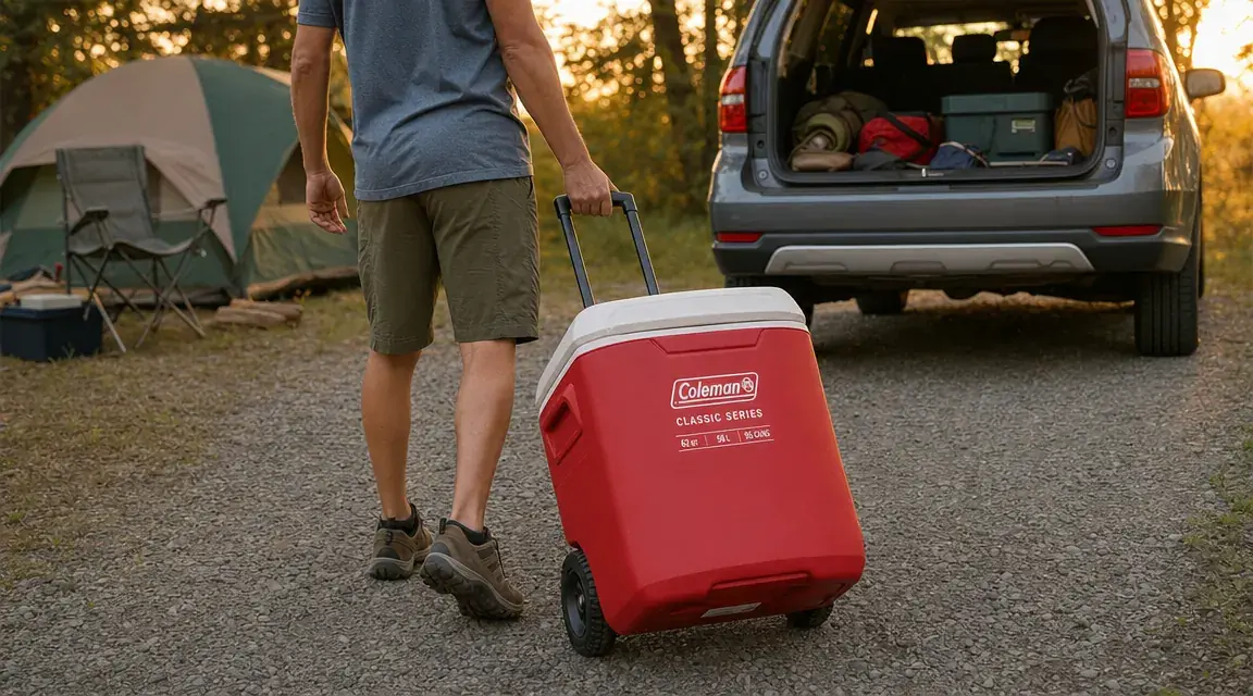 Coleman cooler being rolled across a gravel campsite path toward a parked SUV