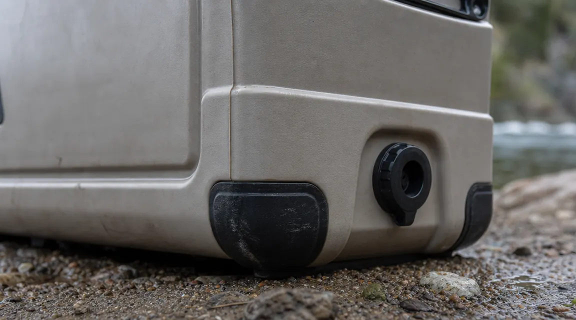 Close-up of the Coleman cooler drain plug and corner reinforcement at the base