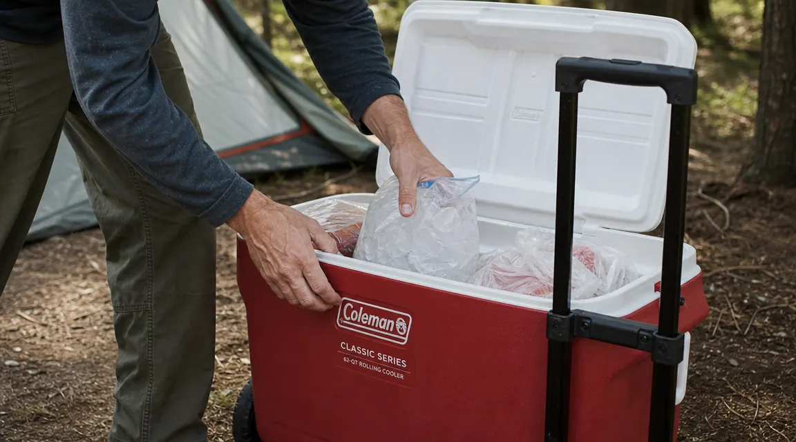 Hand loading bags of ice and food containers into an open Coleman Classic cooler at a campsite