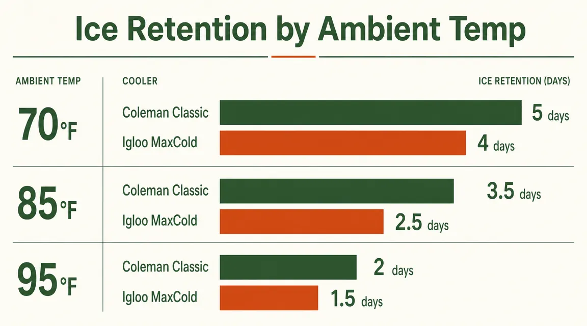 Side-by-side bar chart comparing ice retention days for Coleman Classic versus Igloo MaxCold across 70F, 85F, and 95F ambient conditions