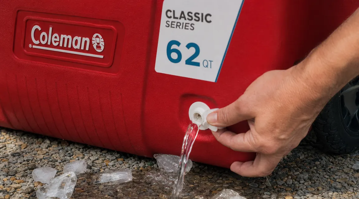 Close-up of a cooler drain plug releasing water, surrounded by bits of ice