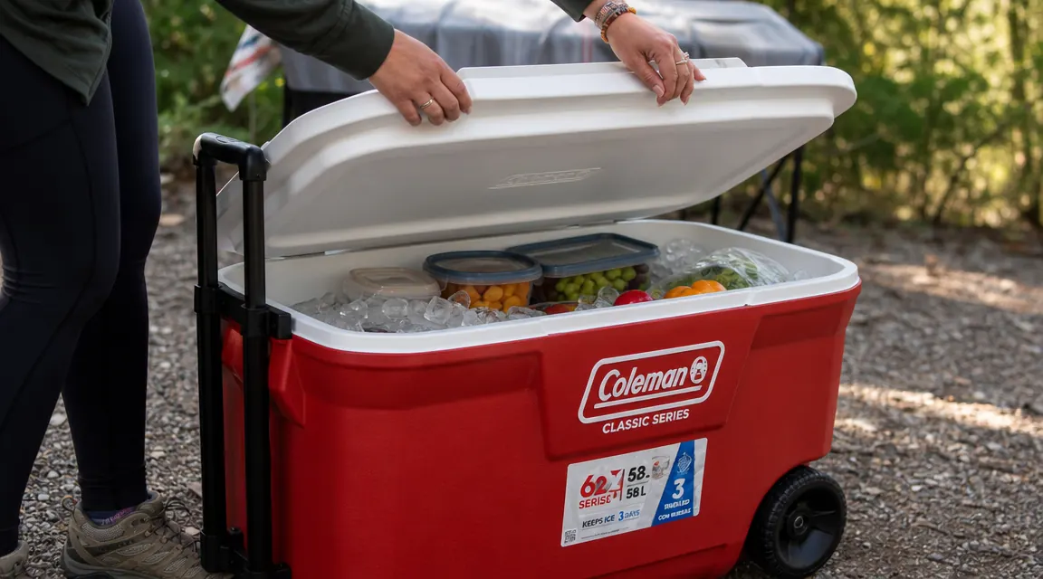 Hand opening the lid of a Coleman Classic rolling cooler to reveal ice and stacked food containers inside