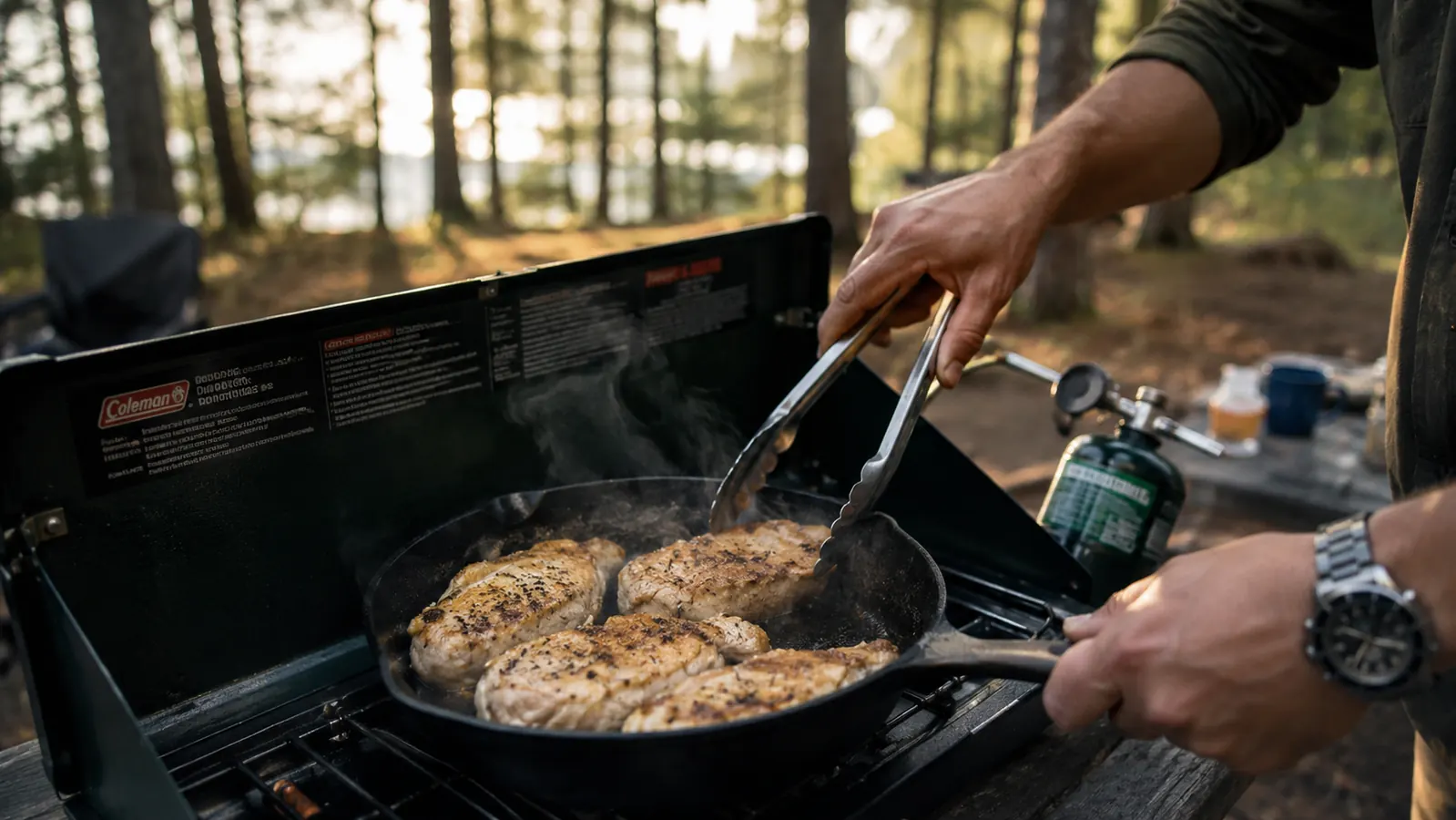 Cast iron pan sizzling with chicken thighs on a camp stove beside an open cooler at a forest campsite