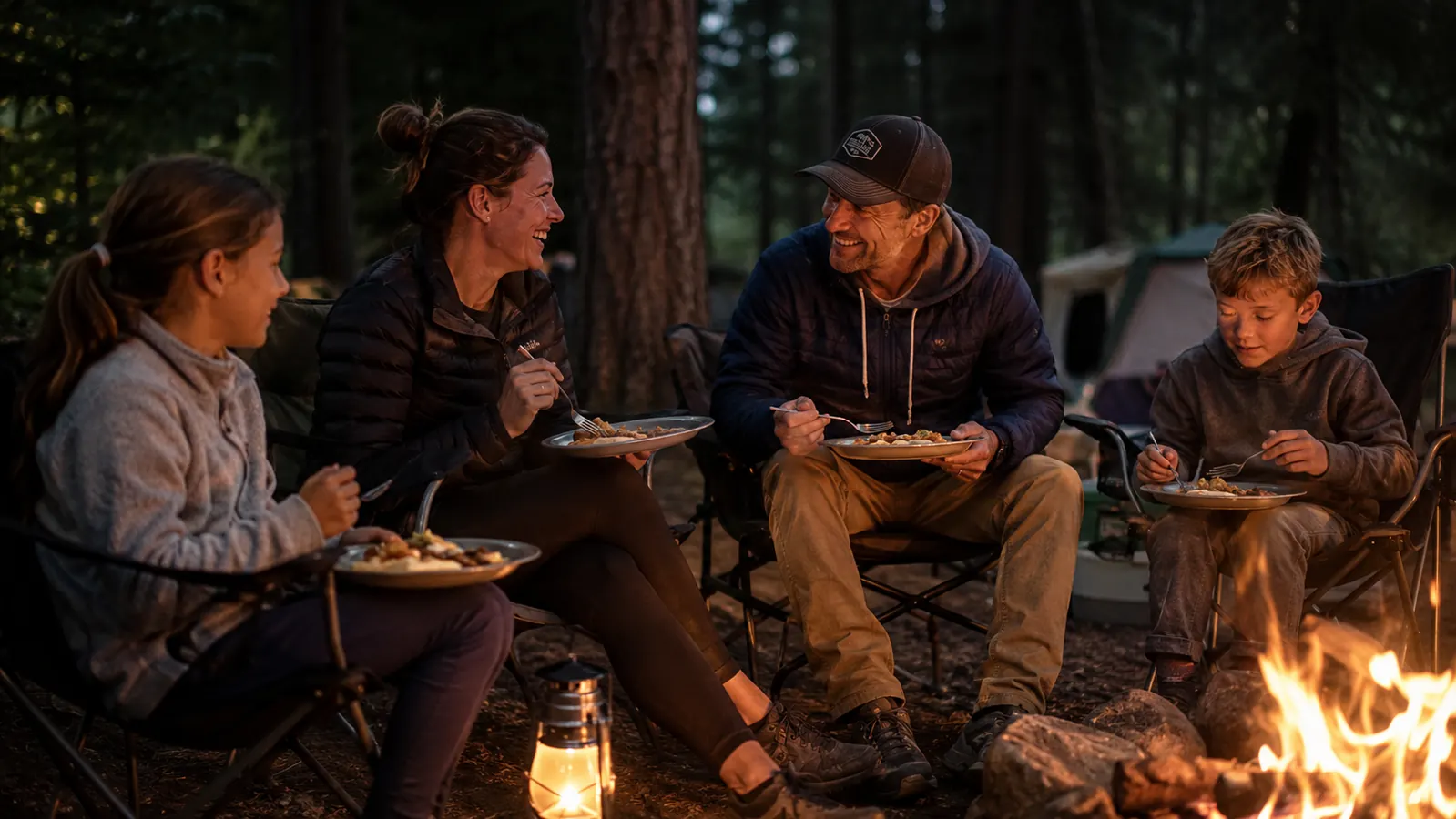 Family of four eating dinner around a campfire at night, plates full, relaxed expressions