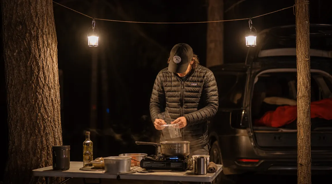 Two Etekcity lanterns hung from a tarp ridgeline at night, lighting a camp kitchen area with pots and a camp stove below
