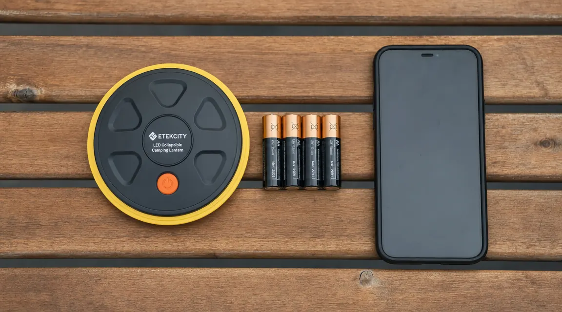 Etekcity lantern collapsed flat next to a pack of AA batteries and a smartphone for scale, showing how compact it packs