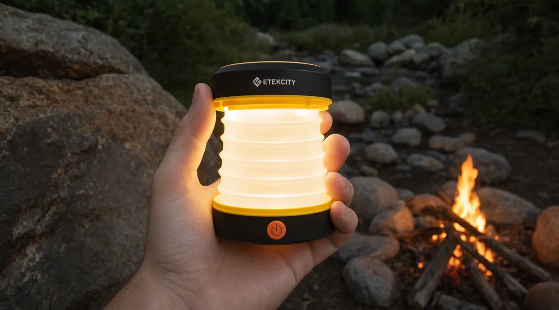 Etekcity collapsible LED lantern fully extended in a hand, showing the pop-up diffuser panel and compact size
