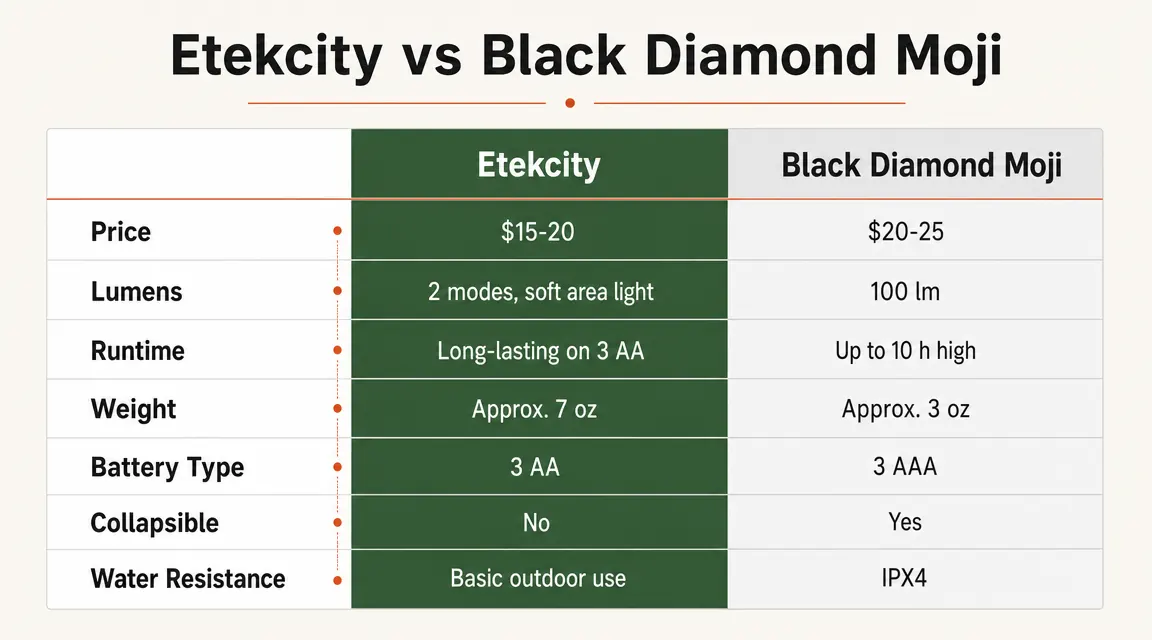 Side-by-side spec comparison chart of Etekcity vs Black Diamond Moji lantern on key categories