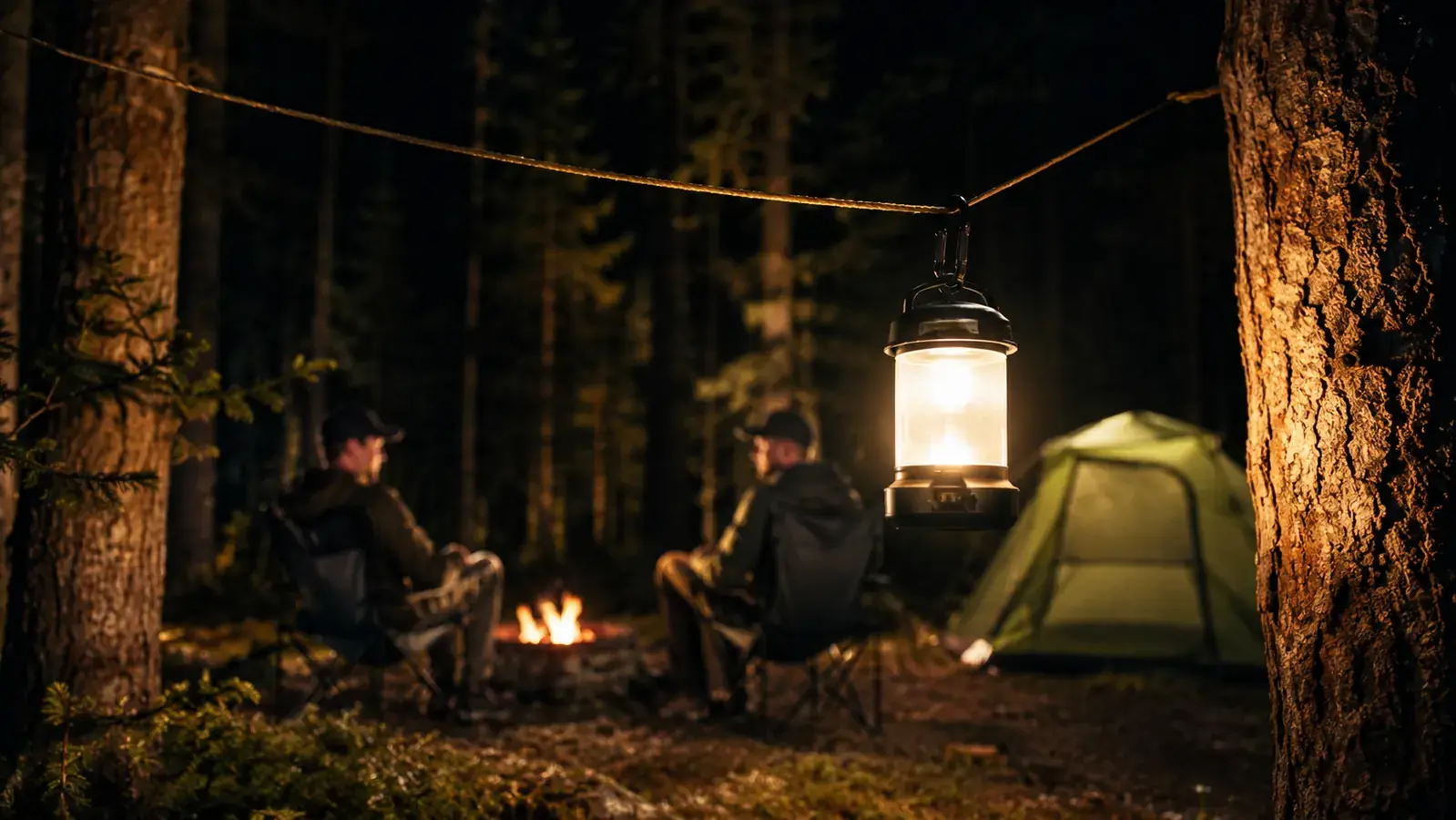 Camping lantern hanging from a tent ridgeline cord, illuminating a small tent interior at night