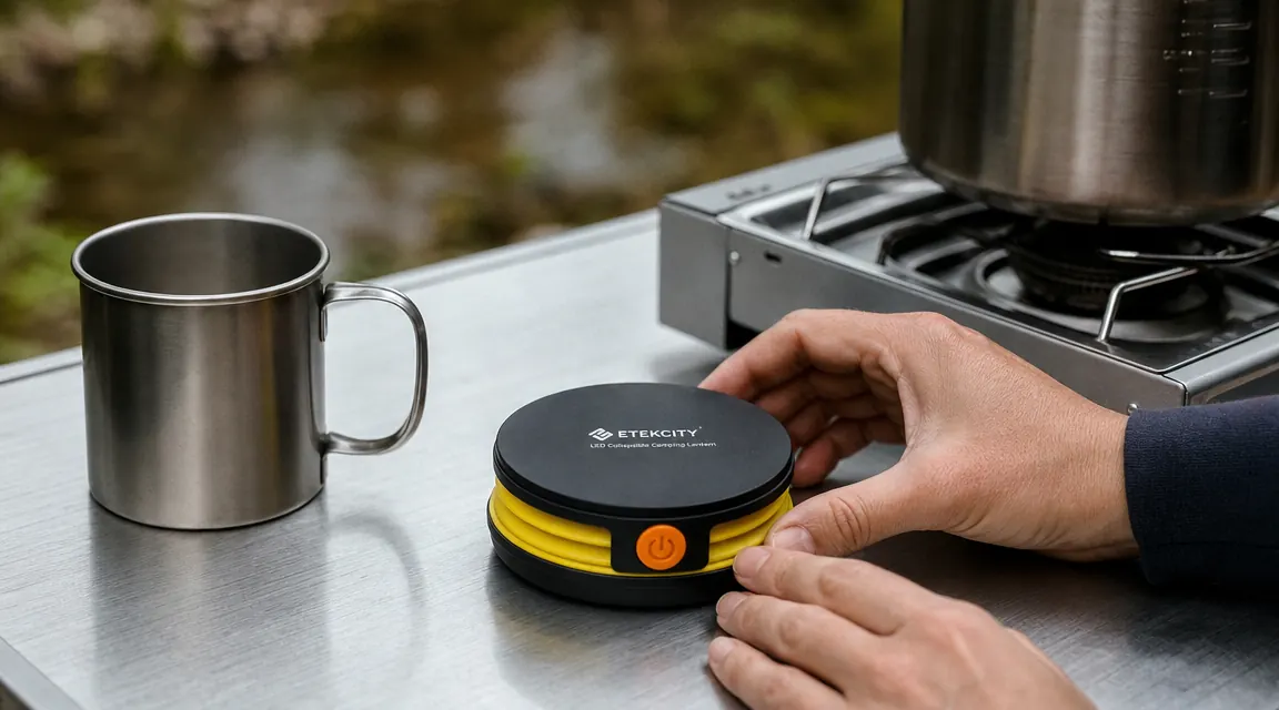 Close-up of an Etekcity lantern placed on a camp stove table next to a mug, showing its compact footprint when collapsed