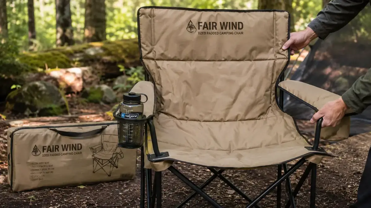 Close-up of FAIR WIND camping chair fabric and side pocket with a water bottle