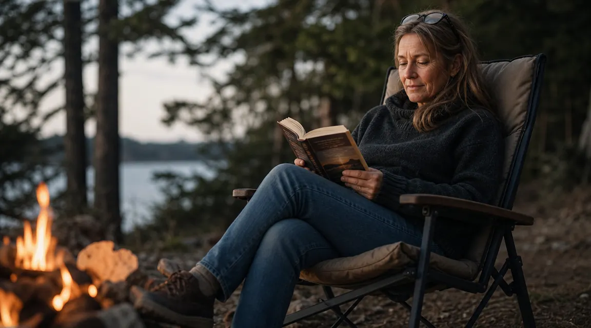 Person sitting in a padded camping chair reading a book beside a campfire