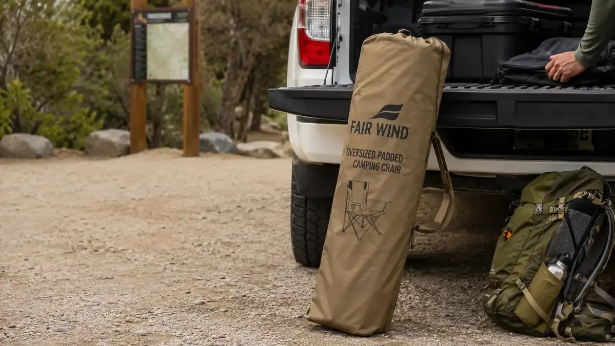 FAIR WIND camping chair folded into its carry bag beside a truck tailgate