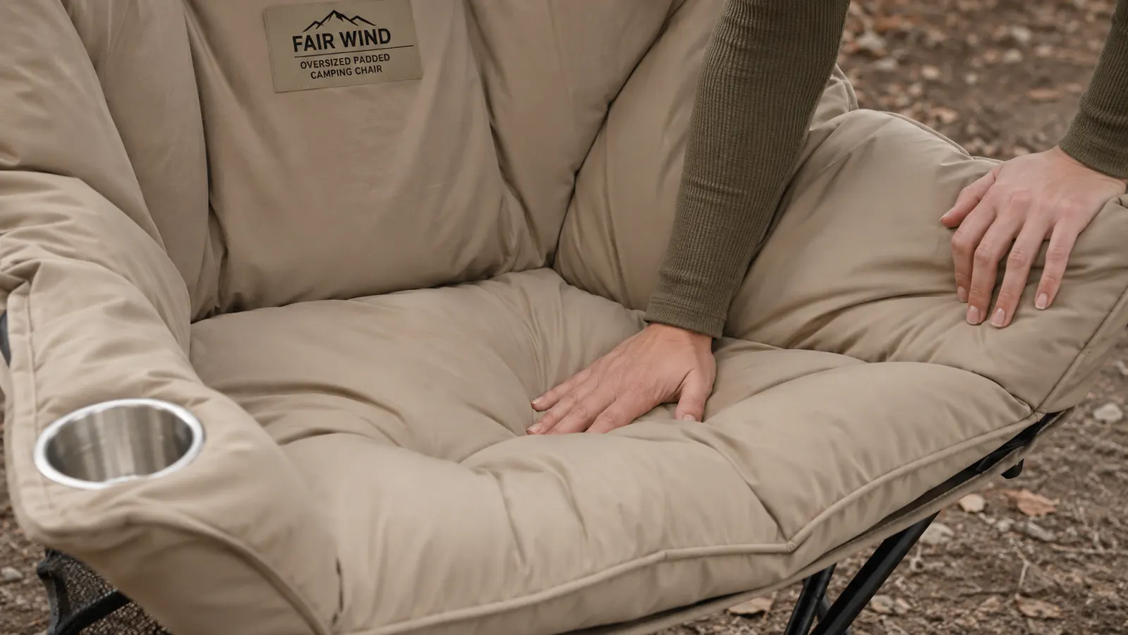 Close-up of a hand pressing into the thick padded seat of the FAIR WIND camping chair to show cushion depth