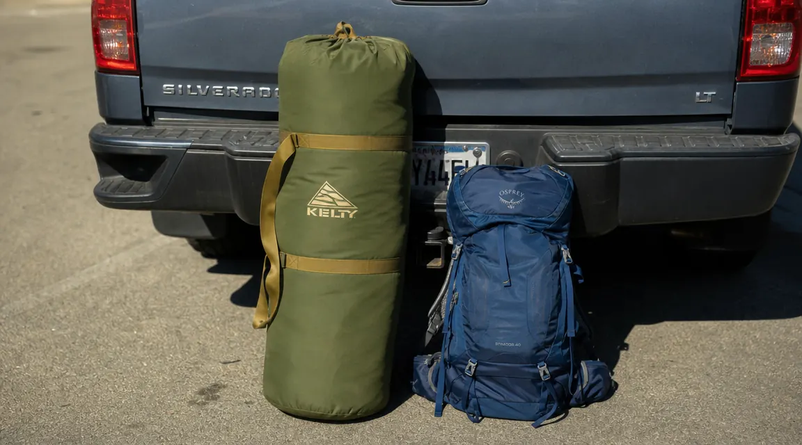 Side-by-side size comparison showing the FAIR WIND chair carry bag next to a standard backpack, illustrating how large the packed bag is
