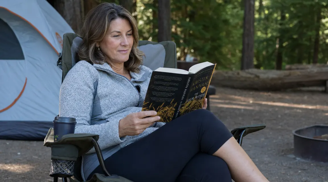 Woman in her 50s sitting deeply reclined in a padded camping chair reading a book, relaxed posture showing full lumbar support