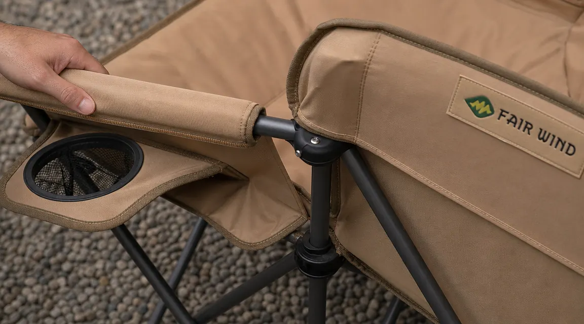 FAIR WIND camping chair frame close-up showing the steel tube construction and padded armrest stitching
