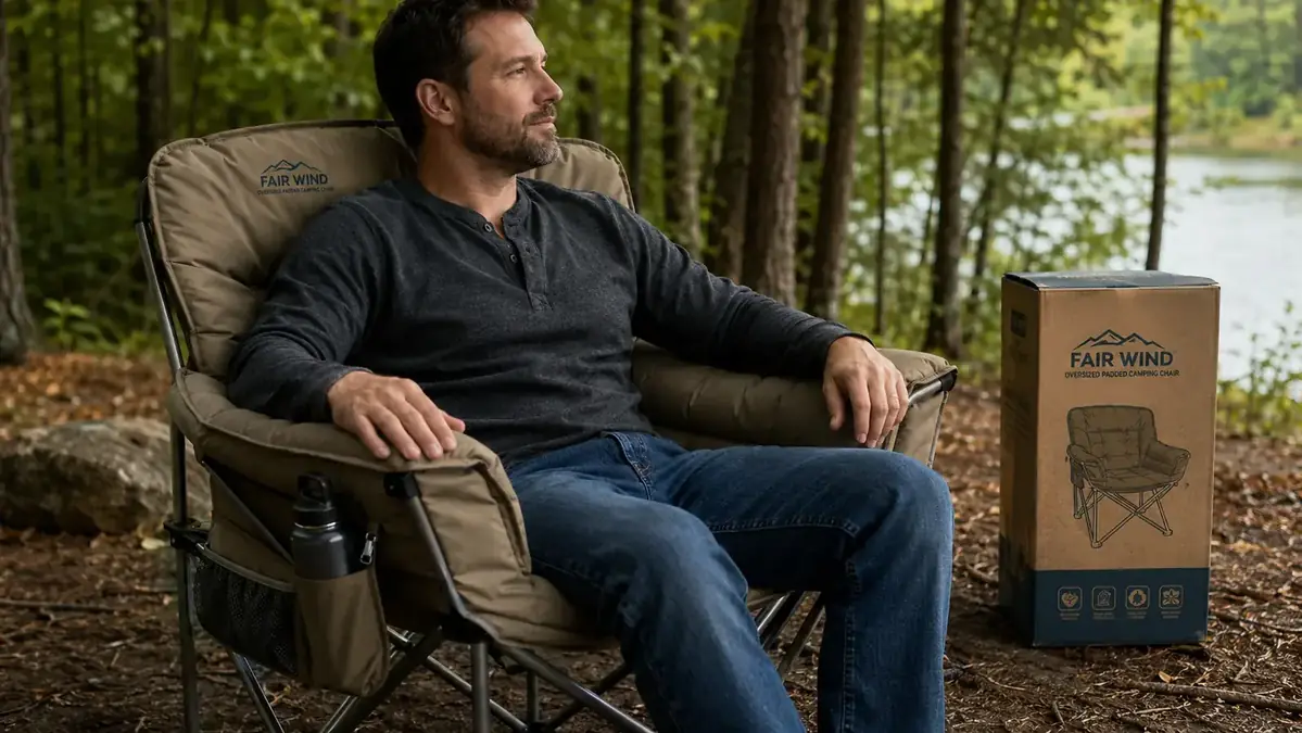 Close-up of FAIR WIND padded camping chair armrests and thick seat cushion with cup holder and side pocket