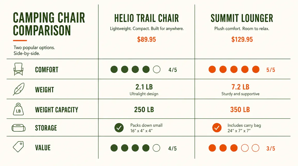 Comparison chart showing FAIR WIND vs Coleman Quad Chair across five categories: comfort, weight, price, capacity, and storage