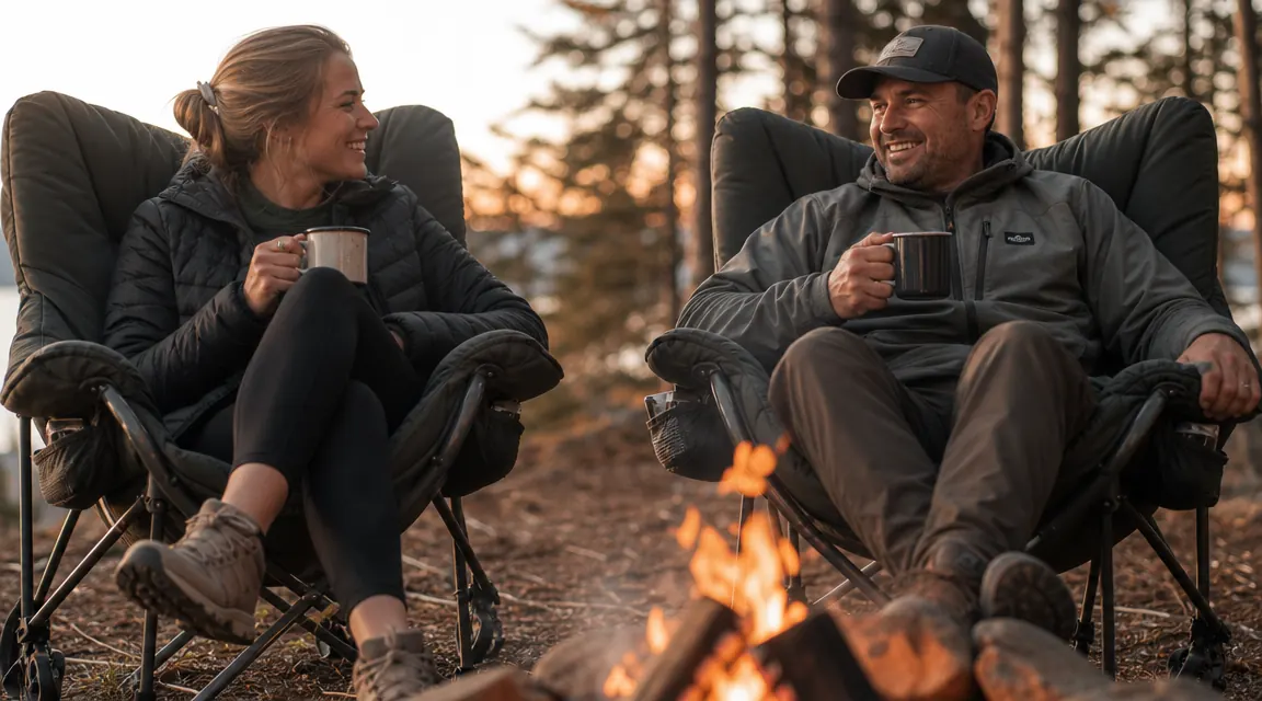 Couple sitting in matching padded camping chairs around an evening campfire, both visibly relaxed