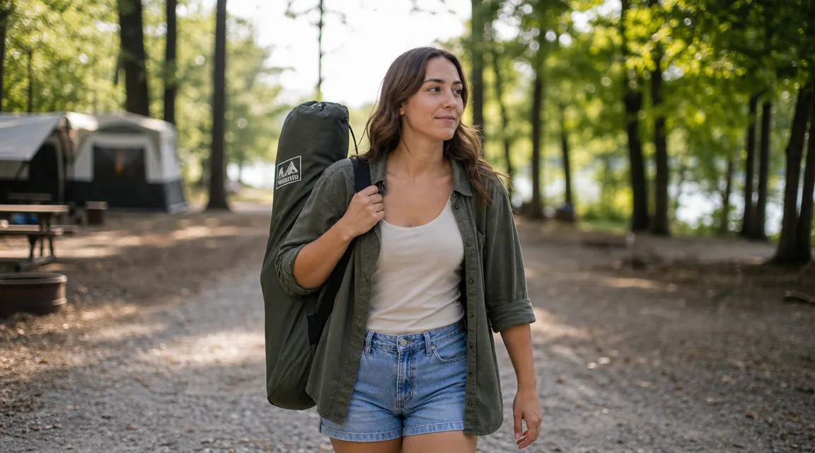 Person carrying a folded camping chair in its carry bag over their shoulder on a gravel campsite path