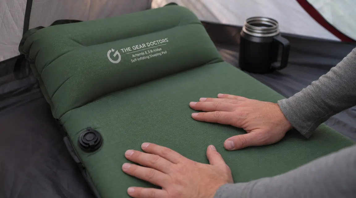 Hand pressing down on the Artemis sleeping pad surface to test firmness, coffee mug nearby on tent floor