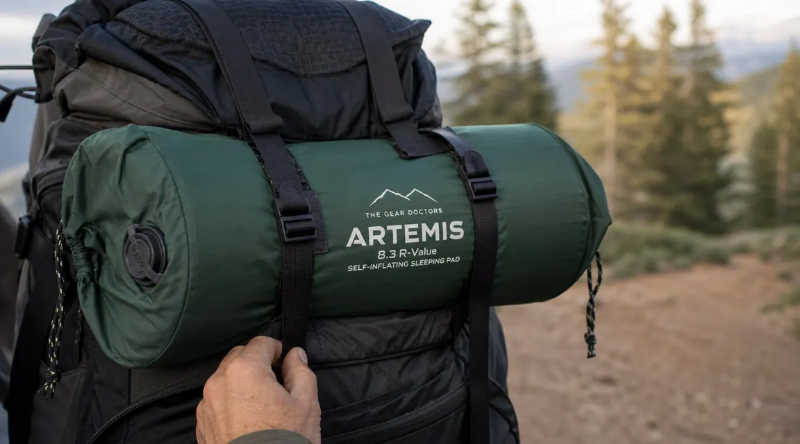 Rolled-up Artemis sleeping pad next to a 65-liter backpack showing relative size comparison at a campsite